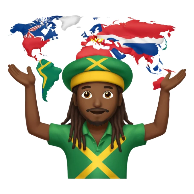 Rasta man with arms wide open 🙌🏾🔥 standing in front of world map 🌍🎶 with every flag 🇯🇲🇺🇸🇬🇧🇫🇷🇮🇳🇧🇷🇳🇬 saying ONE LOVE 💛💚❤️ to di world 🌐🦁 sticker