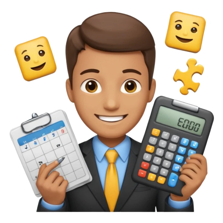 male aUDITOR smiling with spreadsheet and a calculator, emoji, ADD A puzzle and a Balance for accounting sticker