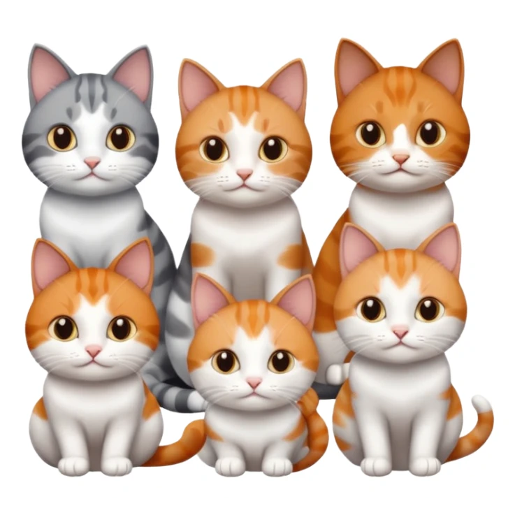 6 cats with different coloured coats, 2 are grey and white, 1 is grey with a little white, 1 calico, 1 brown tabby and white and one ginger and white sticker