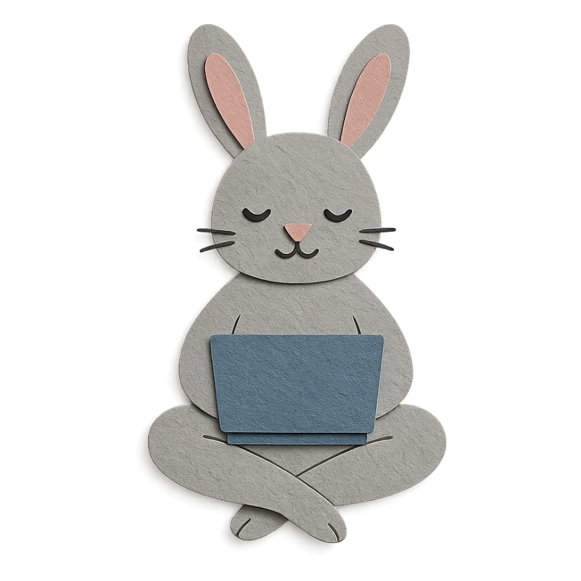 gray bunny sitting cross-legged with laptop in paper-craft style sticker