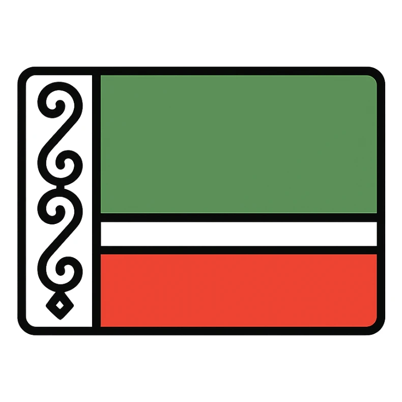 flag of Chechnya, simple horizontal green, white, and red stripes, decorative white vertical stripe on left, minimalistic style sticker