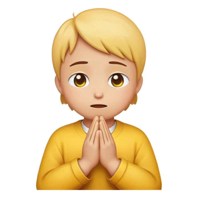 Yellow round emoji looking upwards with teary eyes and hands clasped praying sticker