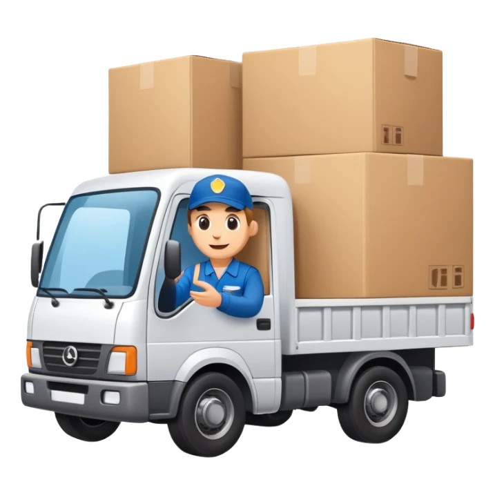 truck with a supplier in work uniform sitting inside, waving hi, cargo area overflowing with many boxes sticker