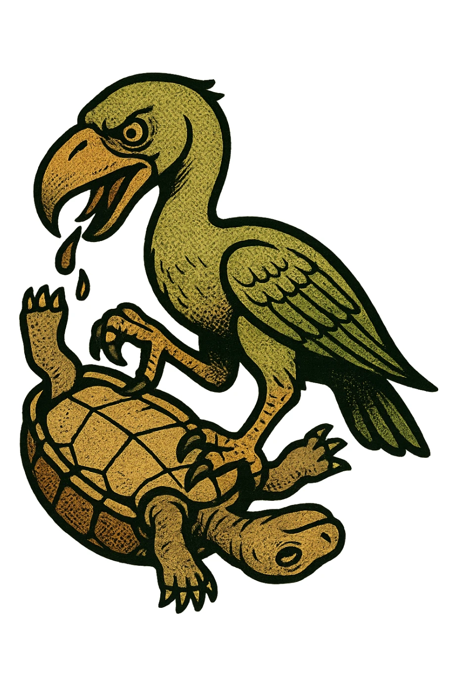 an insignia for a flag: a strange foreign alien bird creature, resembling a prehistoric phorusrhacos, gripping a upside-down tortoise [on its back] with a claw with its' beak tearing down into it
 sticker