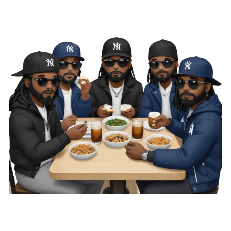 African American man with shoulder length black dreadlocks with black beard wearing black sunglasses wearing a black New York Yankees logo baseball Cap wearing a black bubble winter coat sitting a kitchen table with other men with dreadlocks all sitting in chairs eating dinner at kitchen table sticker