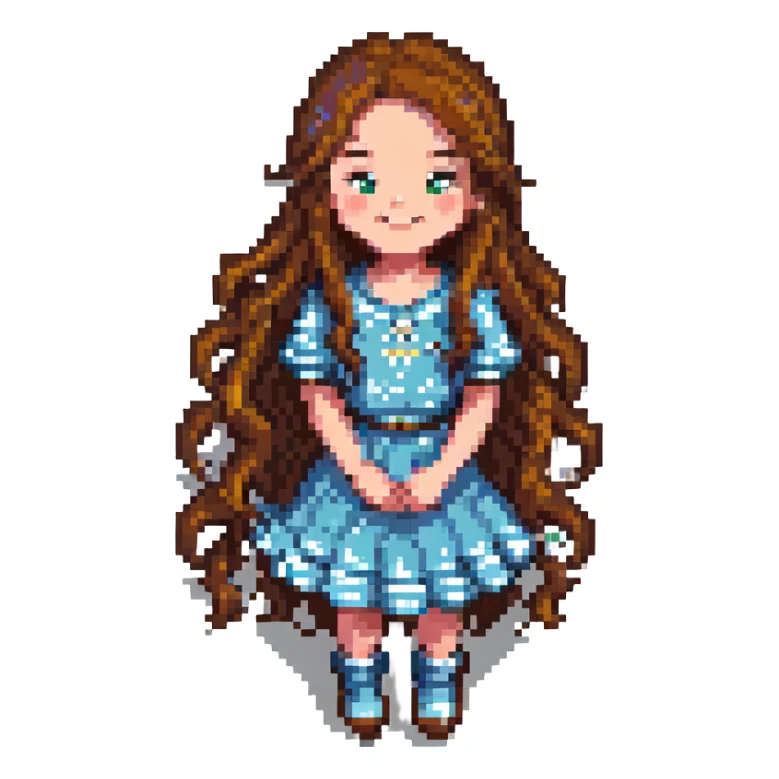 girl with long wavy brown hair smiling pixel art sticker