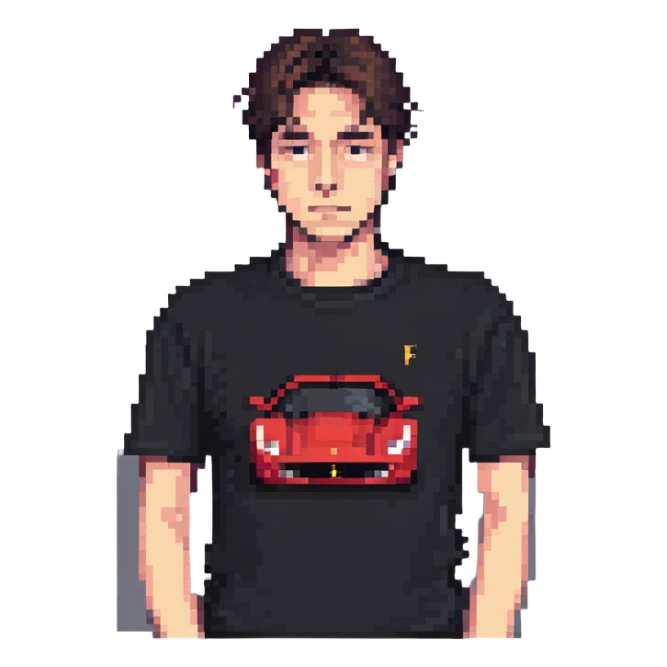 depressed man wearing a Ferrari t-shirt sticker