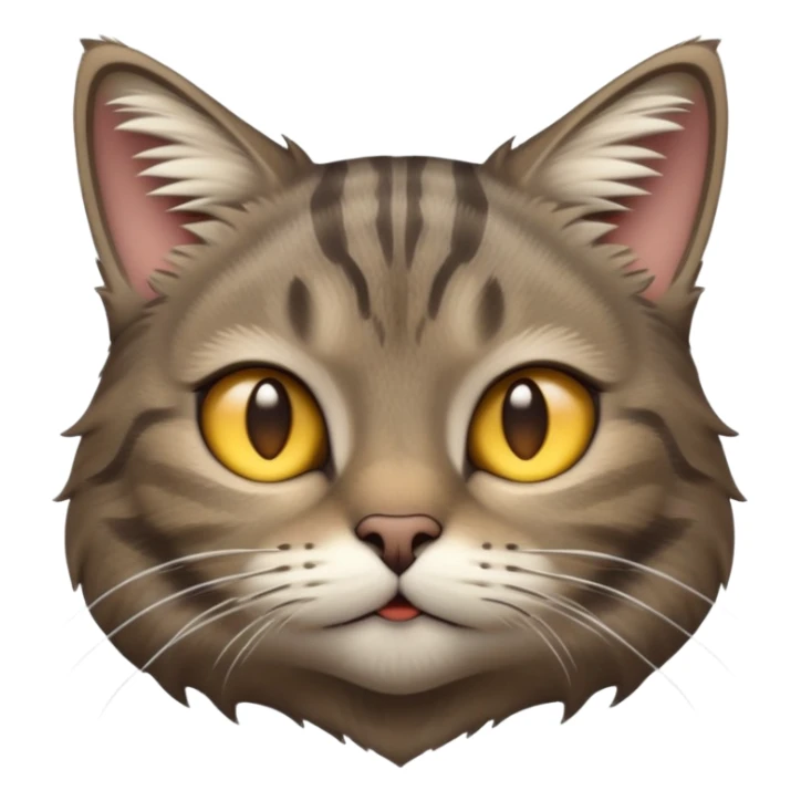 cinematic-[grey brown tabby cat]-realistic-emoji,-head-tilted-dramatically,-scruffy-[predominantly grey]-fur,-simplified-yet-realistic-focused-features,-highly-detailed,-glowing-with-an-almost-sarcastic-glow sticker