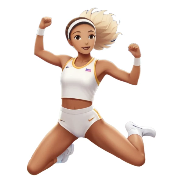 An icon featuring a female high jumper in mid-air, gracefully clearing a bar on a track. She wears a white athletic uniform and appears focused, with the background showcasing a vibrant stadium with cheering spectators and bright lights. Transparent background highlights the elegance  sticker