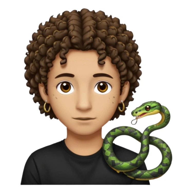 Chico con cabello medio corto, rizado, con ojos marrones, piel trigueña, con dos piercings debajo del labio (Snake bites) y dos piercings en cada oreja con pendientes negro, con polera negra sticker