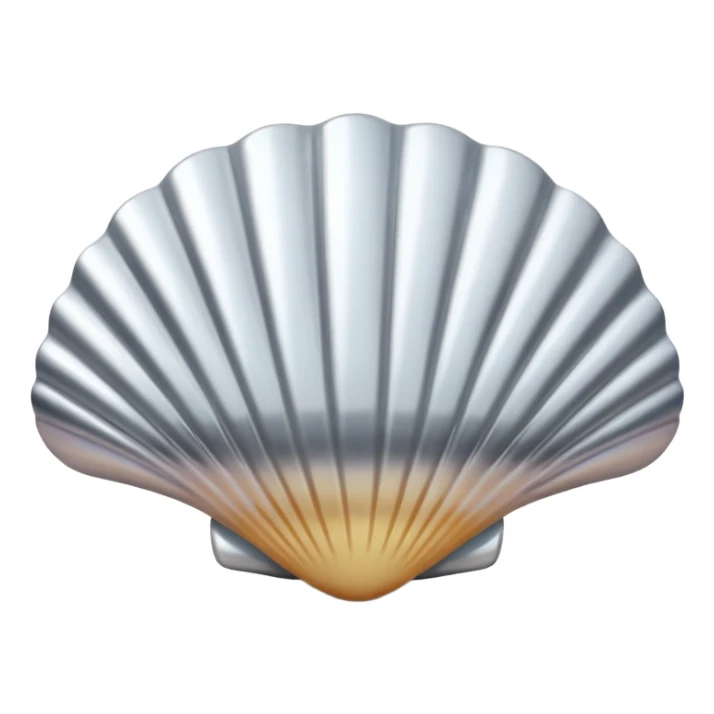 A seashell emoji made of polished silver chrome, smooth curved surface, reflective metallic highlights, elegant minimal design, iOS emoji style, centered, clean white background, soft lighting sticker