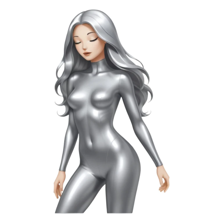 abstract sensual skinny body silhouette, liquid silver chrome, smooth curves,chrome silver long hair, chrome metallic silver full face  and body, sensual poses sticker