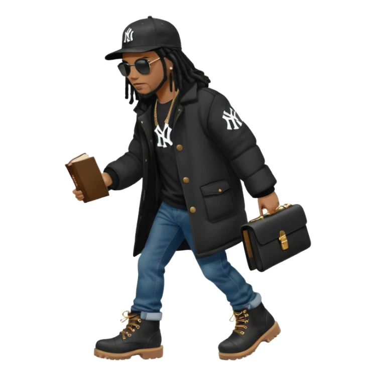 African American man with shoulder length black dreadlocks and black sunglasses wearing a black New York Yankees baseball hat wearing a black bubble winter coat with denim skinny jeans and timberland boots waking with a bible in hand sticker
