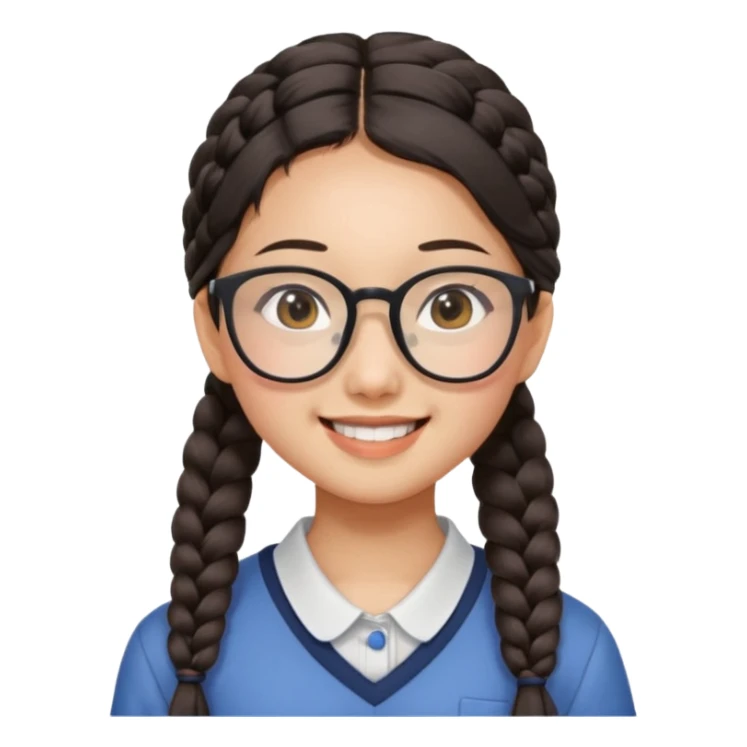 Asian girl, 14 years old, side braid, square glasses, face tilted, big open smile sticker