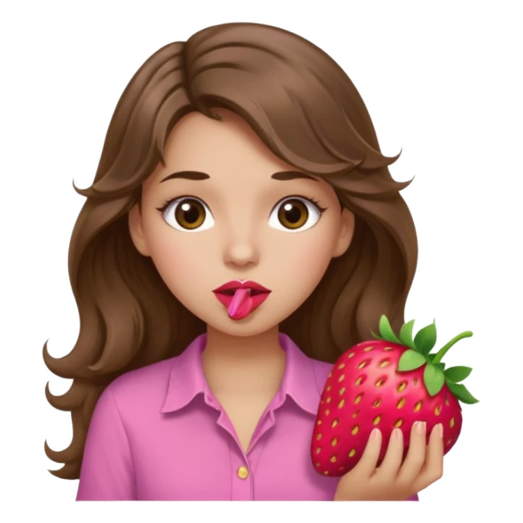 girl with long wavy brown hair, brown eyes, light to medium complexion, in a pink shirt, pink lips, long lashes, sexy , puckering, blushing, eating a strawberry sexy sticker