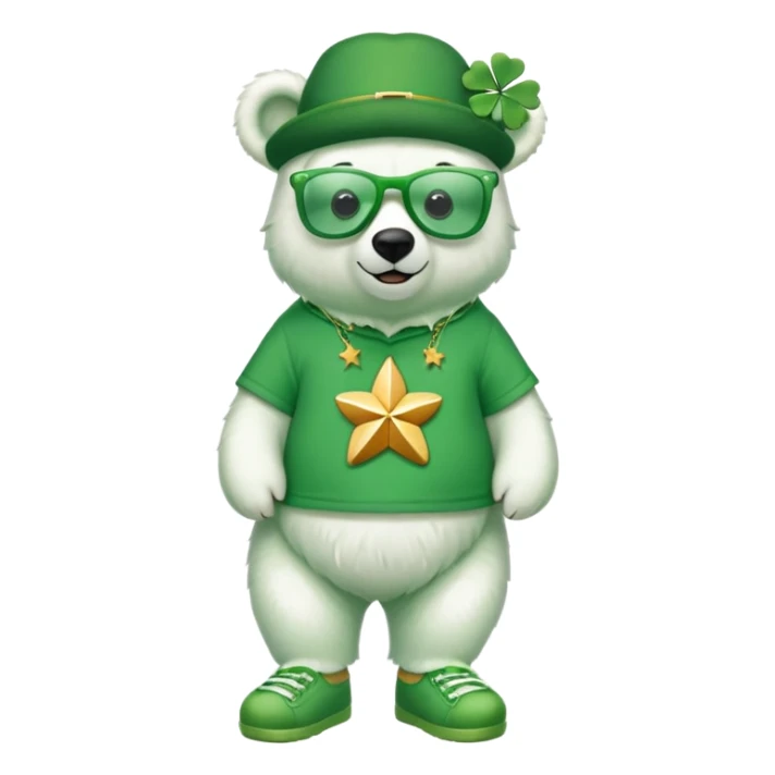 full body friendly anthropomorphised polar bear wearing oversized colorful star glasses, green hat, shamrock accessories, festive green shirt, green shoes, St. Patrick's Day sticker