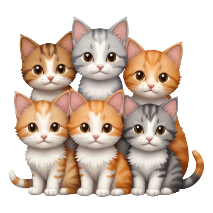 6 tiny kittens cuddling together all various different natural colours including grey and white, ginger and white, calico, grey, and brown tabby and white sticker