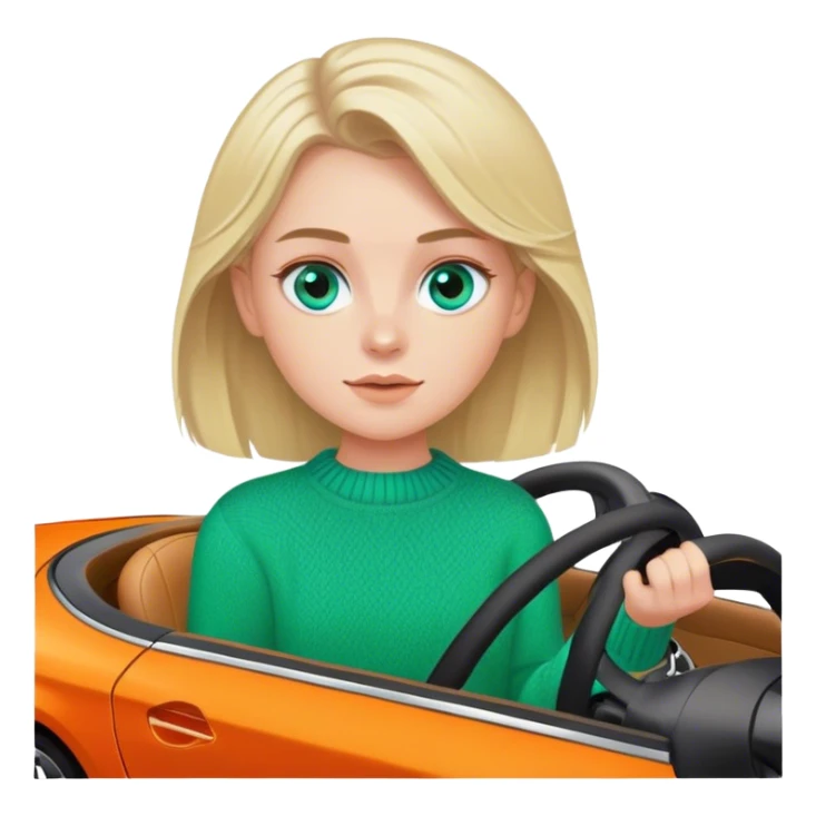 Cinematic realistic ash blonde with blue eyes, dressed in a green sweater, driving an orange Mercedes car sticker