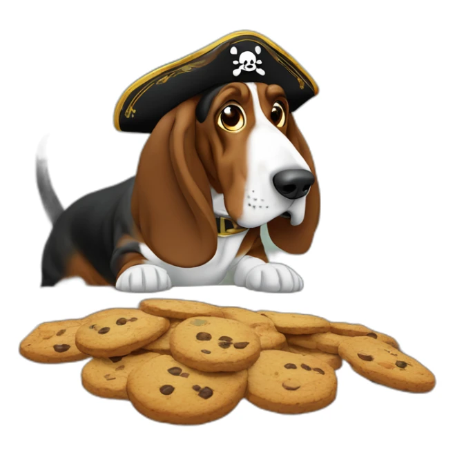 Basset hound dog stealing cookies from above a table, wears a pirate patch over his left eye, third person view, sticker