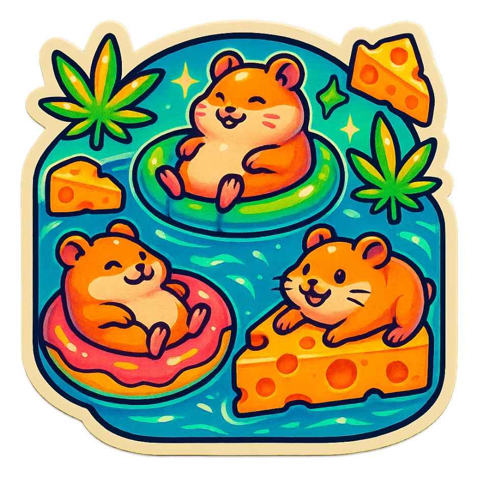 square Discord server icon, playful pool party scene with hamsters, weed leaves, cheese, subtle THC theme, retro nostalgia style with 80s/90s colors, bold outlines, neon accents, fun pool floats, centered clear composition sticker