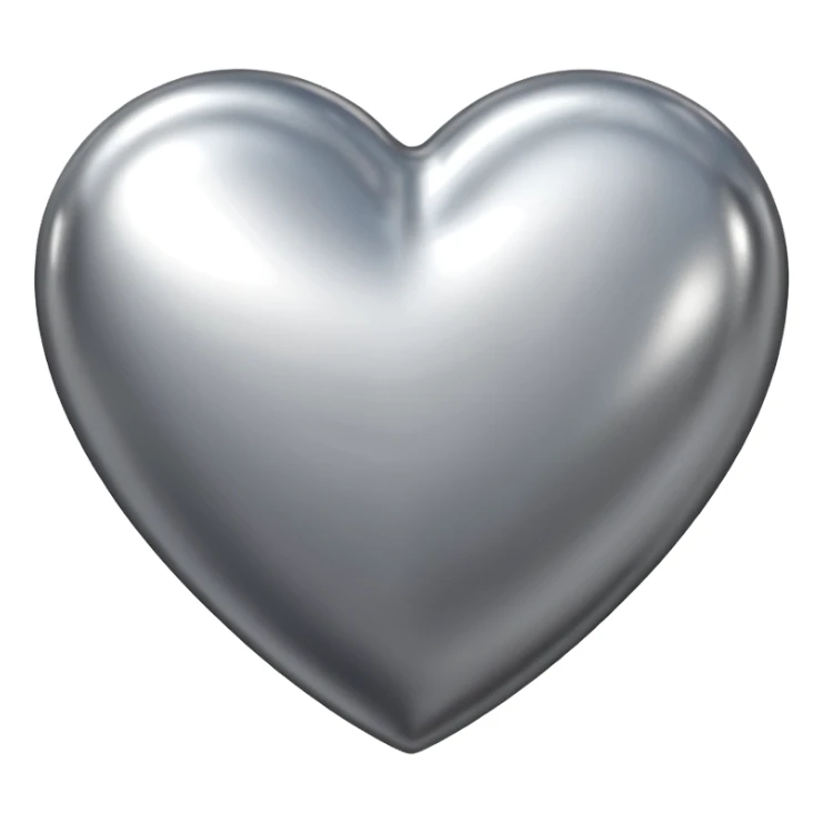 Liquid chrome heart emoji, silver metallic color, iOS emoji style, smooth reflective surface, rounded shape, realistic highlights, minimal background sticker