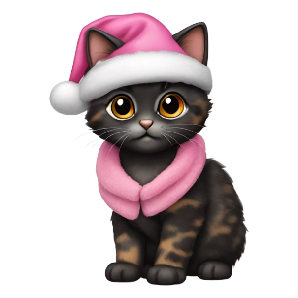 Cute mostly black tortoiseshell kitten wearing a pink Santa hat and coat sticker