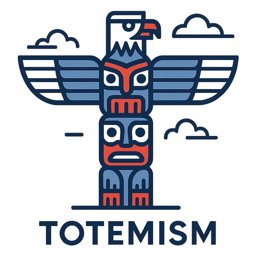 contemporary logo for Totemism featuring abstract totem pole with prominent eagle motif at top, clean lines geometric forms color scheme of red black white and blue, visually striking symbolic design reflecting spiritual and cultural essence of totem poles sticker