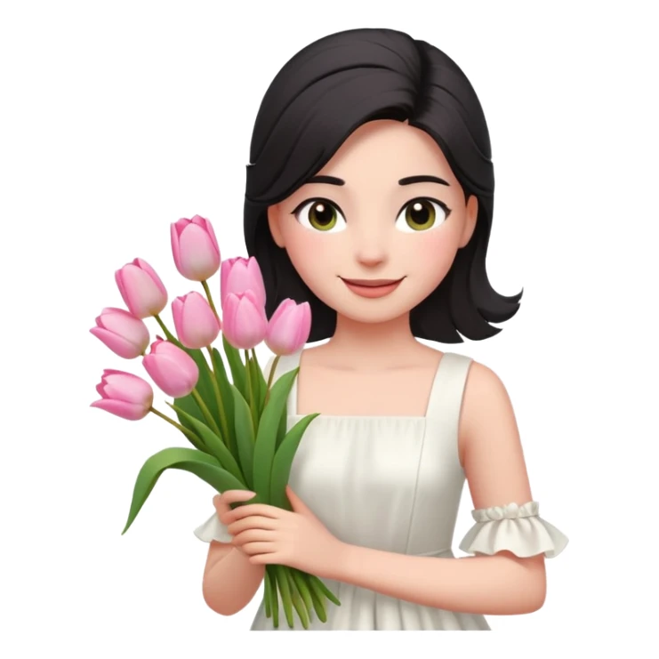  A girl Squint your eyes and smile with a black half-up half-down hairstyle, and a white dress, enjoying the spring breeze.Holding a bundle of pink tulips sticker