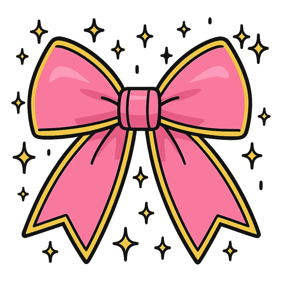 Add a shiny gold outline to the sparkly pink bow with a soft gradient and stars, keep the background transparent. sticker