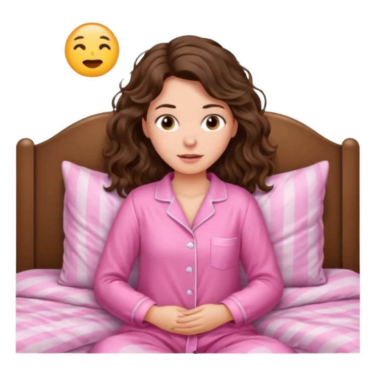 aestethic brunette wavy hair, waking up with a pink pajama sticker