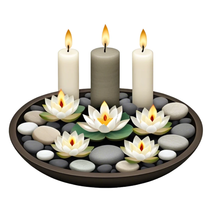 A photorealistic icon featuring lotus flowers, burning incense sticks, smooth round sea stones, and multiple small round candles arranged in a calming, tranquil setting. Soft, peaceful colors with detailed textures that evoke mindfulness and inner peace. Transparent background. sticker