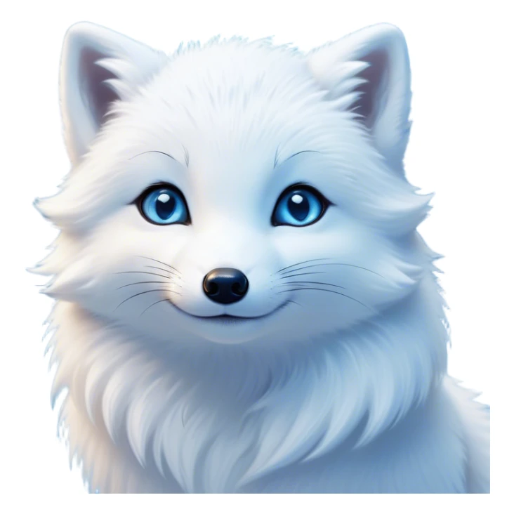 Cinematic Cute Arctic Fox Portrait Emoji, Head tilted playfully and inquisitively, featuring a silky, pure white Fur with delicate hints of icy blue on the ears and muzzle, round, sparkling eyes filled with curious charm, Simplified yet irresistibly adorable features, highly detailed, glowing with a warm, friendly glow, high shine, affectionate and spirited, stylized with a touch of frosty whimsy, bright and endearing, soft glowing outline, capturing the essence of a mischievous yet loving arctic fox, so playful it feels like it could frolic out of the screen and into your arms! sticker