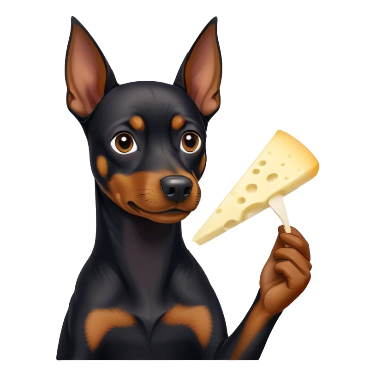 A black German pinscher eating a pièce of string cheese sticker