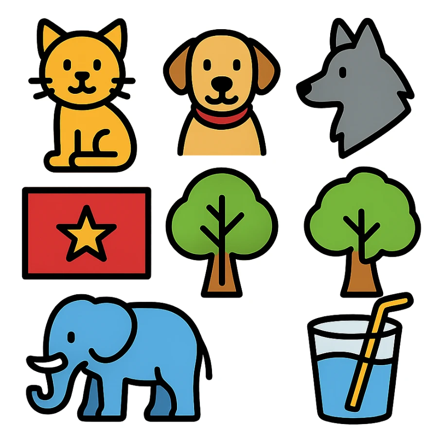 cat, dog, wolf, Vietnam flag, tree, elephant, and a glass all together in lineal color icon with black outlines style sticker