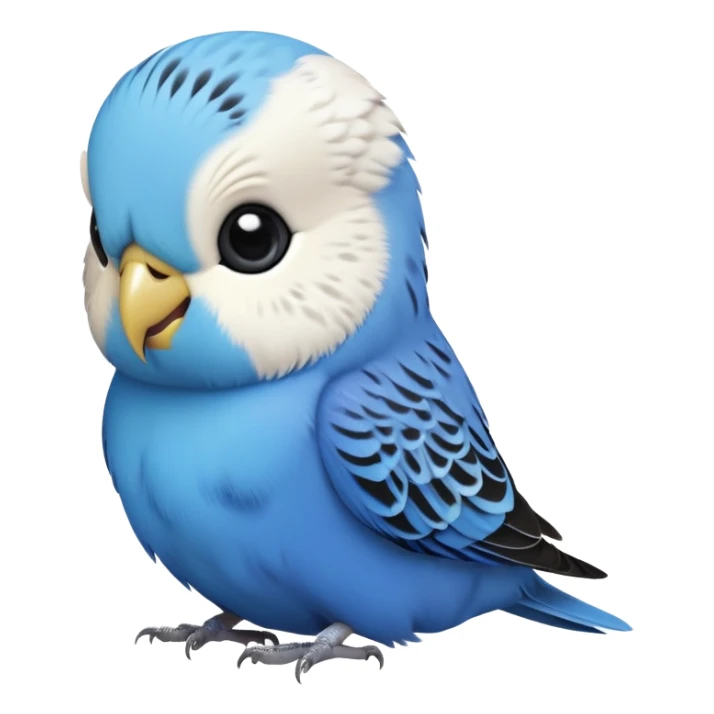 cinematic-cute-blue-budgie-portrait-emoji,-head-tilted-playfully-and-inquisitively,-featuring-a-brilliant-blue-feathered-fur-and white and black feathered face-with-a-natural-sheen,-round,-sparkling-dark-eyes-filled-with-curiosity,-simplified-yet-irresistibly-adorable sticker