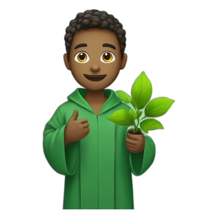 a student in a green robe with a green sprout in his hands. sticker