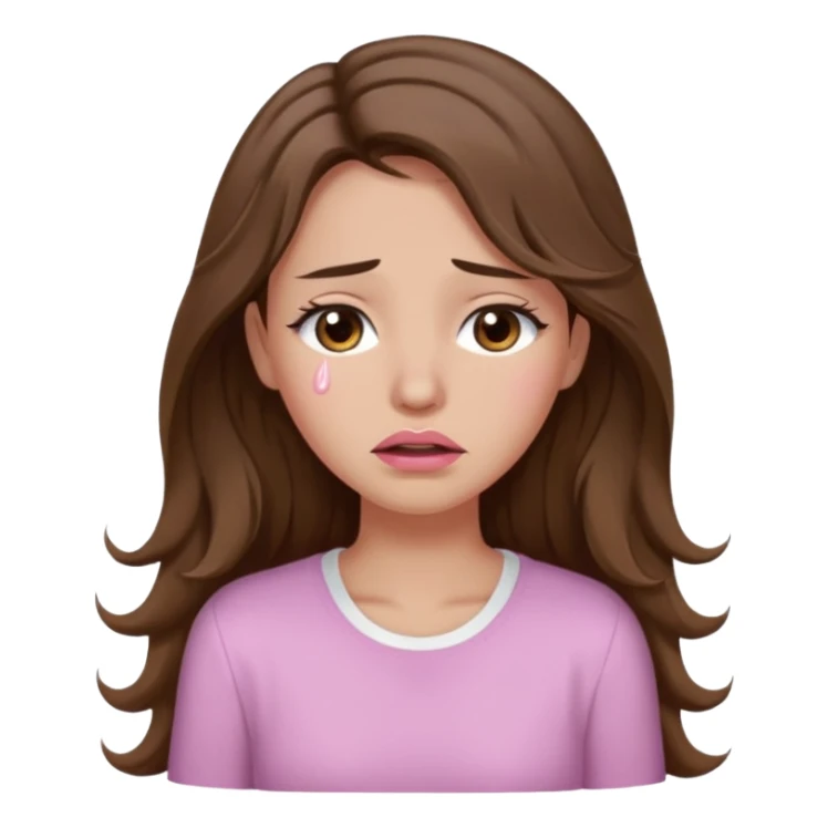 girl with wavy long brown hair, brown eyes, light to medium complexion, long lashes, light pink lipstick, wearing light pink shirt, weeping big big tears sticker