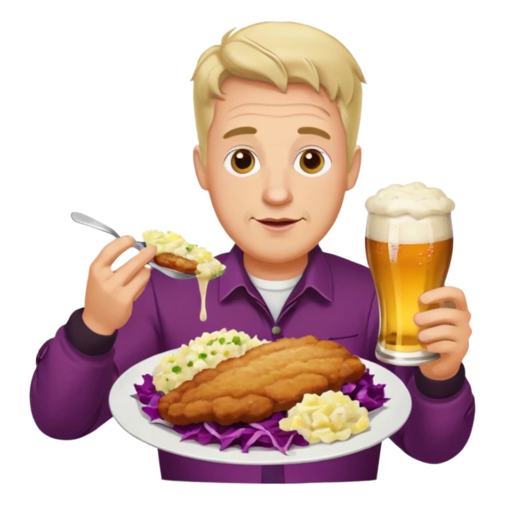 German man eating schnitzel, potato salad, red cabbage, sauerkraut, and beer sticker