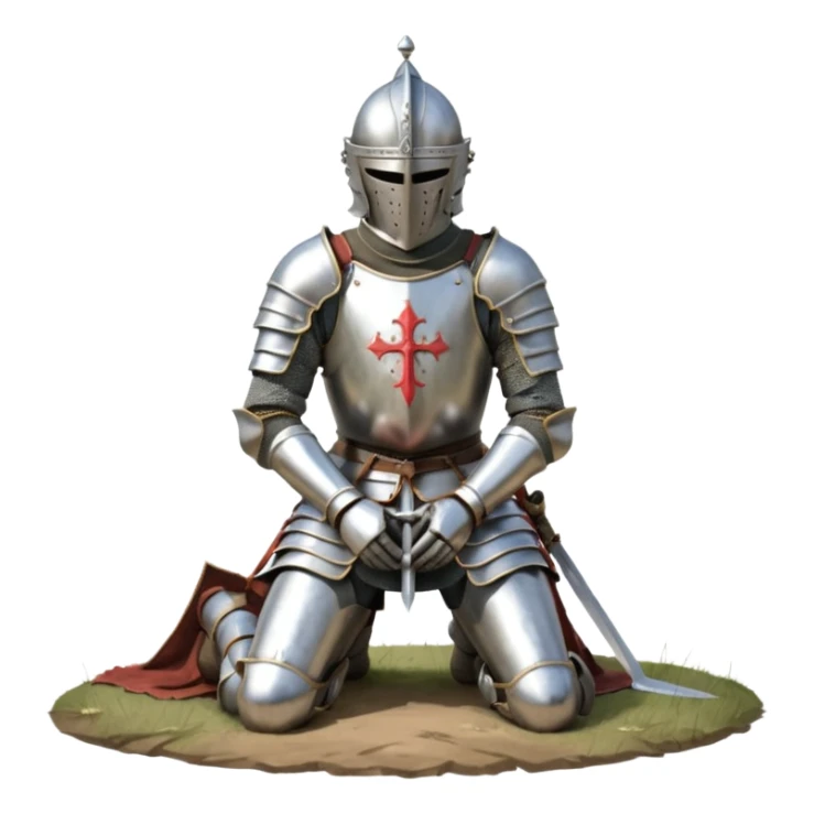 A lone medieval knight in plate, worn armor kneels. His helmet is closed, hiding his face, conveying silence, exhaustion and contemplation. A long sword is planted in the ground beside him, its hilt resting near his gloved hands as if he is praying or resting after battle. sticker