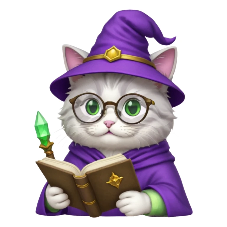 fluffy cat wizard reading a spellbook wearing glasses and a purple hat sticker