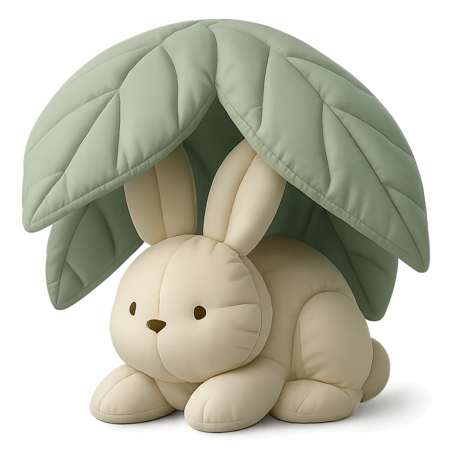 a bunny hiding under giant forest leaves, whimsical feel, cushion style sticker