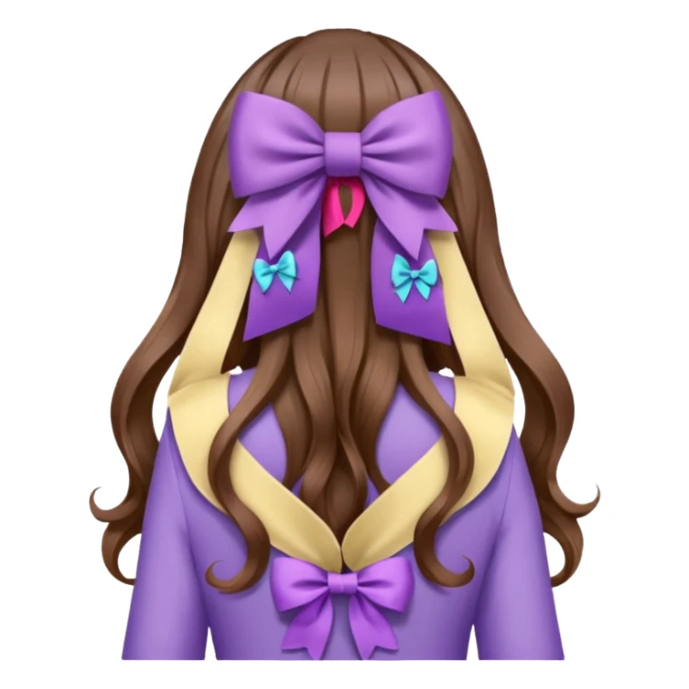 long wavy brown hair from behind with a medium lilac bow sticker
