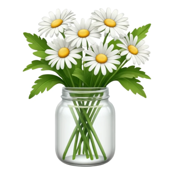 bouquet of daisies in a glass jar, green sticker