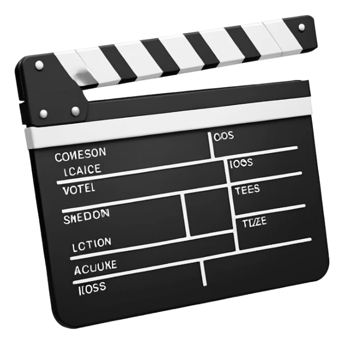 Ultra minimal black and white film clapperboard with simple stripes, clean iOS emoji style, reduced to basic geometric shapes sticker