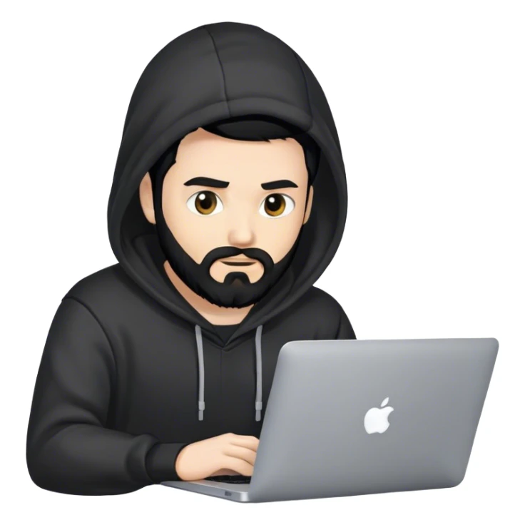 hackeur blanc cheveux noir barbe et capuche noir avec un macbook sticker