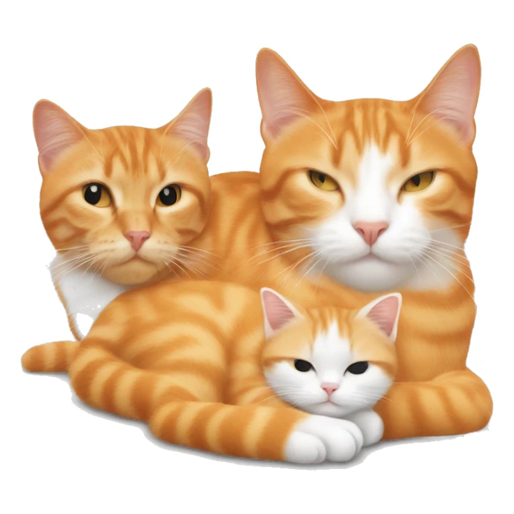 one orange tabby with an orange face, one tabby with an orange and white face, and a white longhair cat all sleeping together sticker
