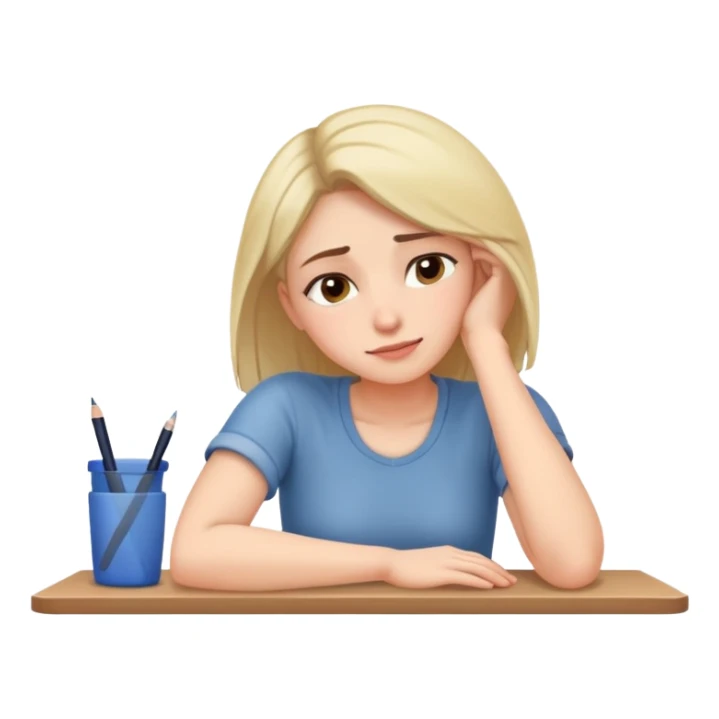 Tired woman with slight smile leaning head on one hand, elbow on desk sticker