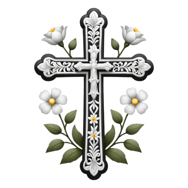 a black and white detailed cross with flowers over lapping sticker