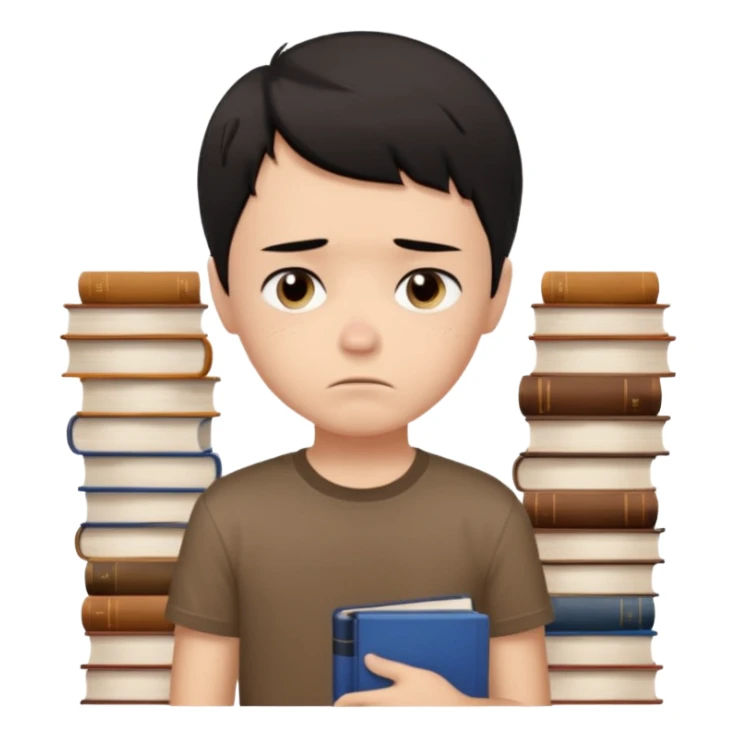 generate a pretty bratz fair skinned boy with short black hair wearing a brown tshirt surrounded by books n looking very sad sticker