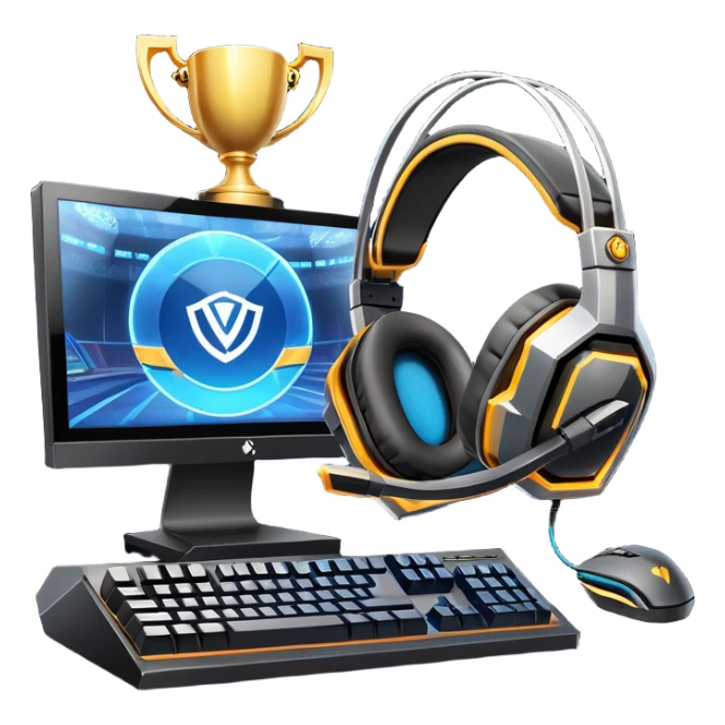 An icon featuring a gaming setup with a high-tech monitor displaying a competitive game, a keyboard, and a gaming mouse. The design includes a headset and a trophy, symbolizing victory and skill in esports. Transparent background highlights the energy and precision of professional gaming. sticker
